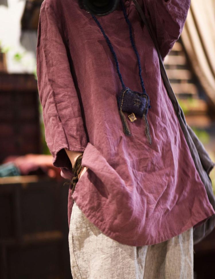 

Johnature женские винтажные льняные футболки однотонные футболки осенние футболки на пуговицах с семью рукавами футболки в китайском стиле One Size красный