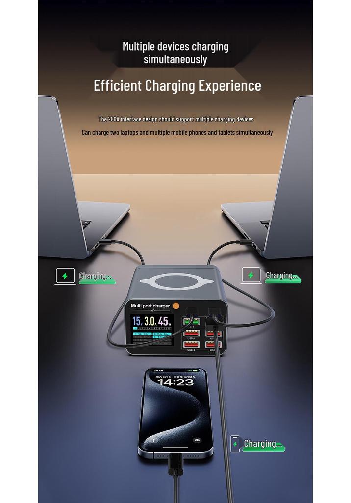 80W Multi-Port Charger: 6A2C Digital Display Wireless Desktop Fast Charging Station for Phones & Laptops.