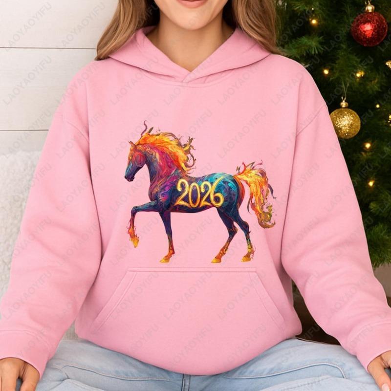 Fiery Horse 2026 Hoodie Vibrant Zodiac Art Gift Drop Shoulder Sweatshirt  Woman Vintage Fashion 2026 New Year Winter Hoodies