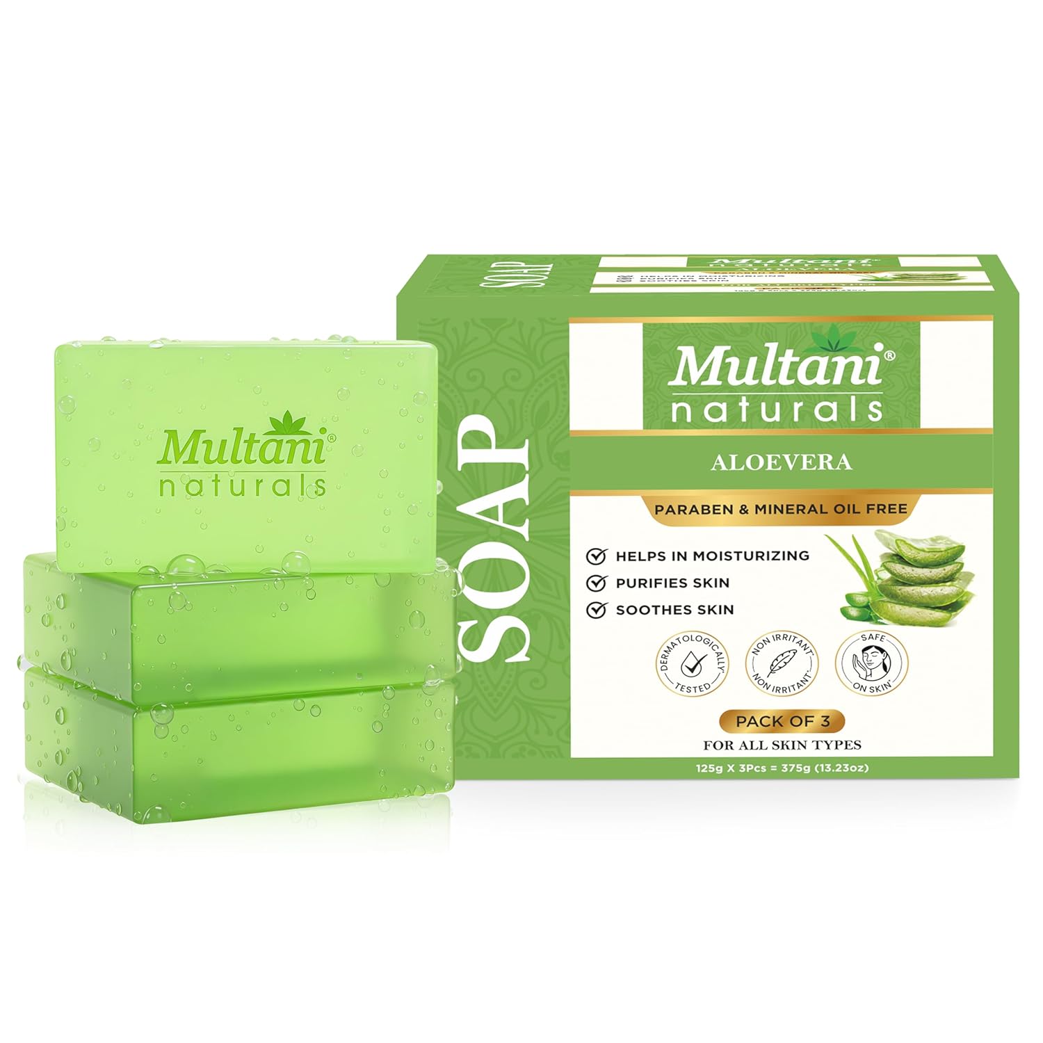 

Multani Natural Aloe Vera Soap Bars Pack Of 3 Pcs 125 Gm Each Hydrating Moisturizing Bath Soap For Soft Smooth Glowing Skin