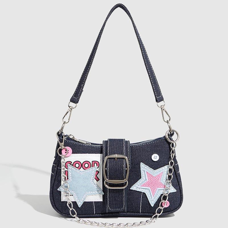 Premium Denim Canvas Bag Bag Women'S Versatile Chain Underarm Bag Fashion Shoulder Baguette Bag