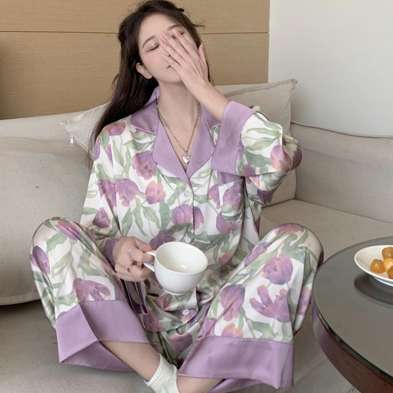 Purple Tulip Ice Silk Pajamas Women'S Summer Sweet And Gentle Can Be Worn Outside Long-Sleeved Loungewear Women'S Two-Piece Set