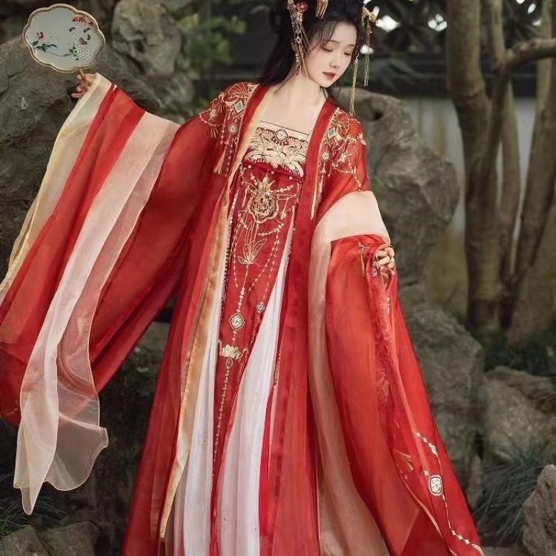 Womens Tang Dynasty Style Hanfu Set With Heavy Embroidery Wide Sleeve Top High-Waist Skirt