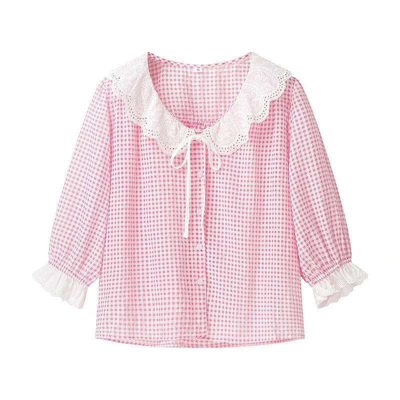 

Za Women clothes Spring New French style Sweet Style Fresh Puff sleeve Doll Collar Embroidery Plaid Shirts Top Pink S
