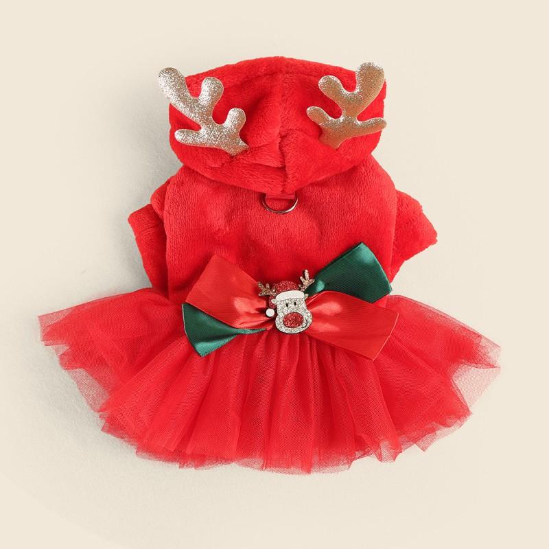 Pet Circle Winter Holiday Dog Dress Small Breeds - Festive Red Reindeer Fluffy Tutu Outfit