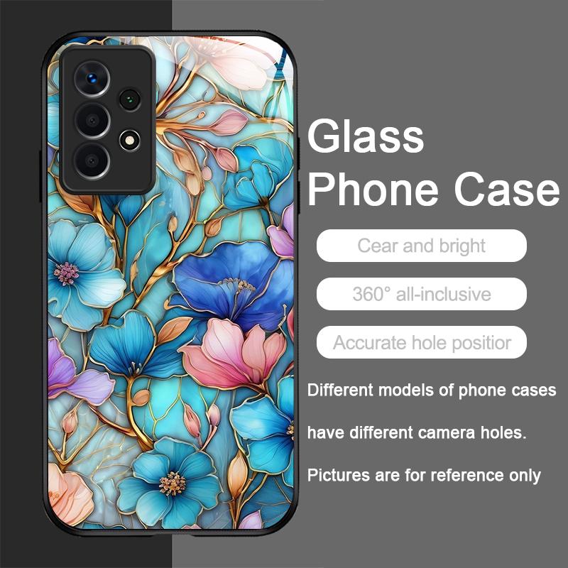 Luxury Flower Marble Texture Tempered Glass Phone Case for Samsung Galaxy A73 A72 A55 A54 A53 A52 A24 A36 A14 A31 5G Hard Cover