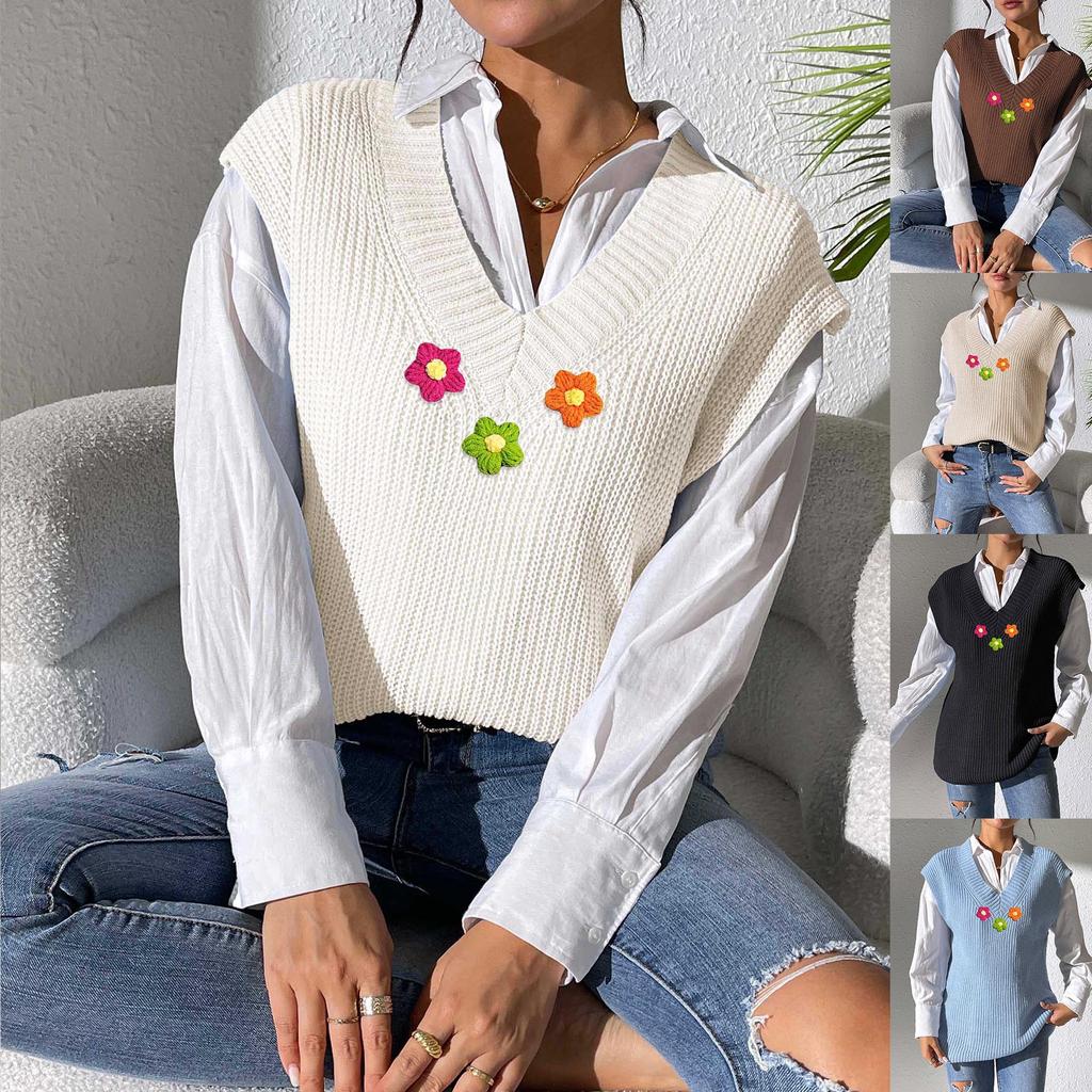 Women's Vest European and American Women's Clothing Spring and Autumn V-neck Simple Vest Hand Crochet Splicing Machine-woven Sweater Vest