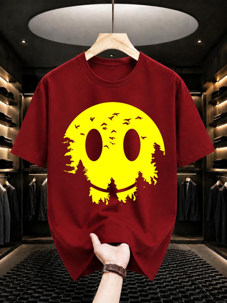 2026 New Arrival 100 Cotton Tshirt Yellow Broken Smiley Face Forest Flying Birds Print Crew Neck Tops Unisex American Streetwea