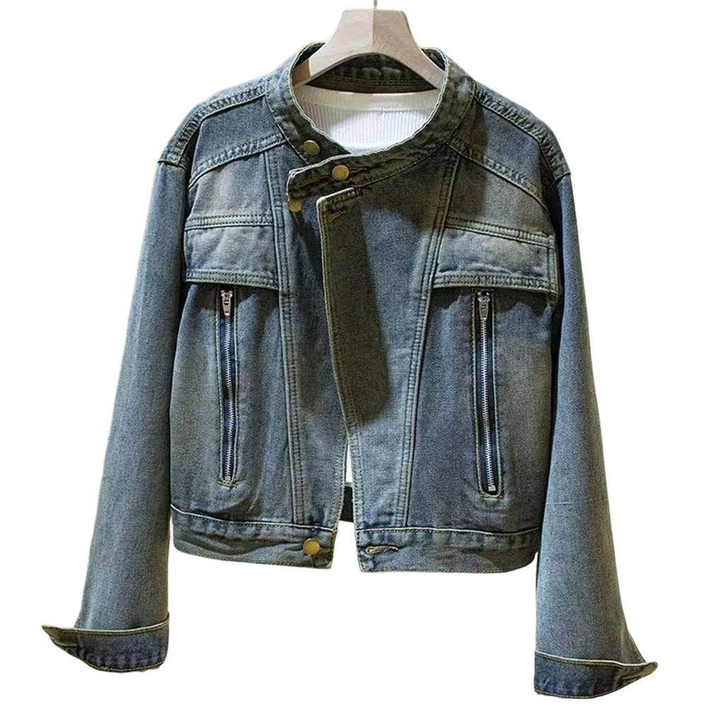 Women's Casual Stand Collar Denim Jacket, for Everyday Wear