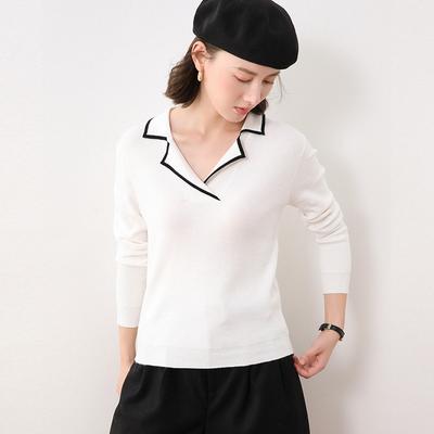 Contrasting Color Lapel Neck Long-sleeved Knitted Sweater Women's Thin New Spring and Autumn High-end Polo Collar Slim-fitting Pullover Sweater