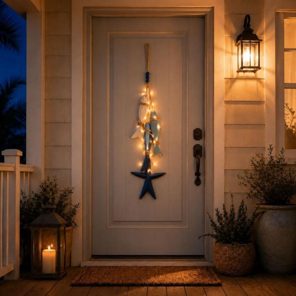 Hanging Lighted Wooden Fish Wall Decor Mediterranean Decorative Starfish  Restaurant Wall Art