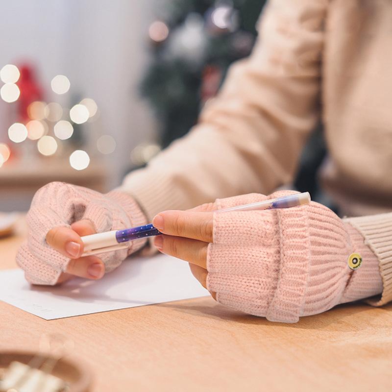 Godterifargede fingerløse flip-hansker strikket berøringsskjerm varme hansker dobbel bruk dobbeltlags fortykket kuldebeskyttende høst og vinter