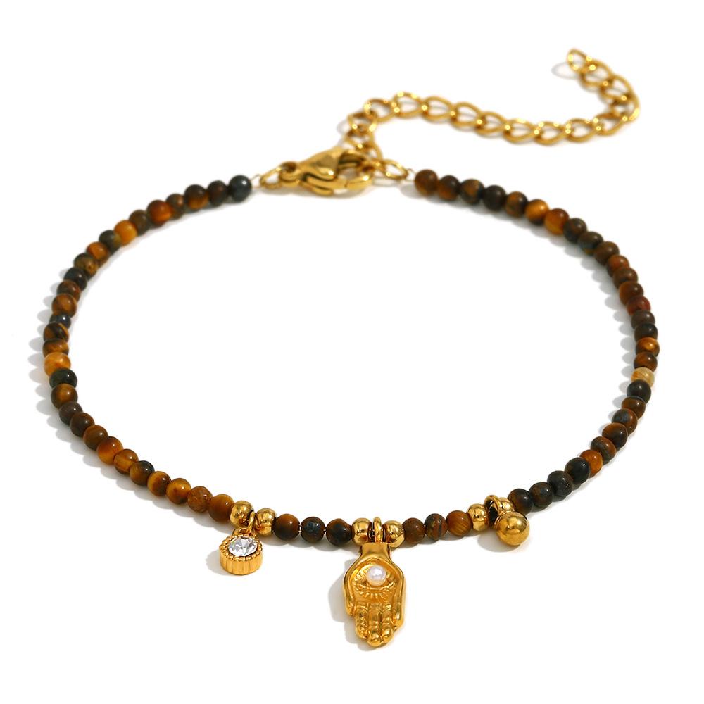 Boho Stainless Steel Gold Color Hand Zircon Pendant Green Beads Bracelet for Women 18K Gold Plated Handmade Charm Zircon Gift коричневый