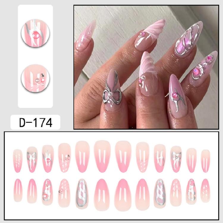 24 Pcs Glossy Press On Nail Almond Shape False Nail 3D Bowknot Stick On Nail French Tip Artificial Nail