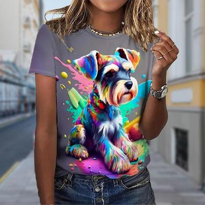Modny Kolorowy T-shirt Damski Szczeniak Zabawny Casualowy Okrągły Dekolt Krótki Rękaw Koszulka Letnia Damska