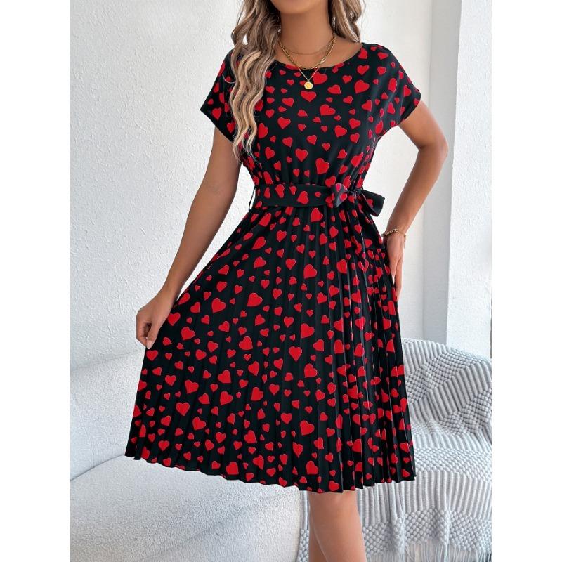 Spring Summer O Neck Printed Casual Short Sleeved Pleated Women Dress Loose Fashion Elegant A-line Party Lace-up Dresses Simple Women's Clothing