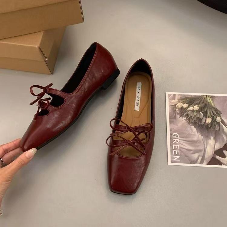 Flat Bottom Evening Wind Design Shallow Mouth Lace-up Bow Mary Spring and Summer Women's Shoes New French Single Shoes Women