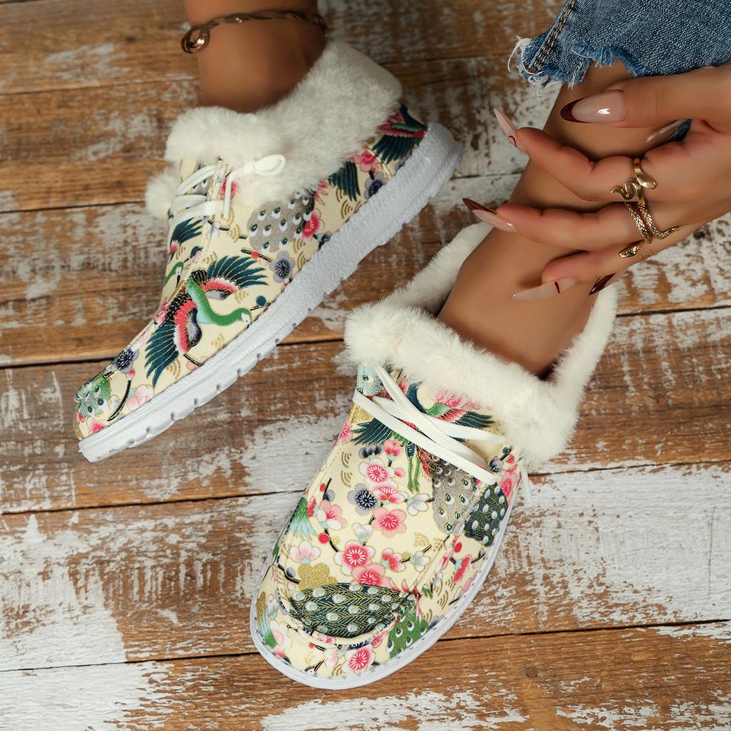 European American Christmas Printed Cotton Shoes 2024 Winter Lace Up and Plush Flat Bottomed Oversized Warm Low Top Casual Shoes