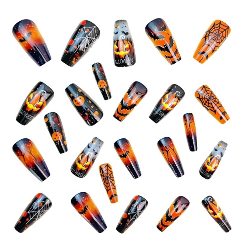 Halloween Press On Nail Medium Length Square Shape With Pumpkin Cobweb Design ABS Material For Party Costume Nail Art