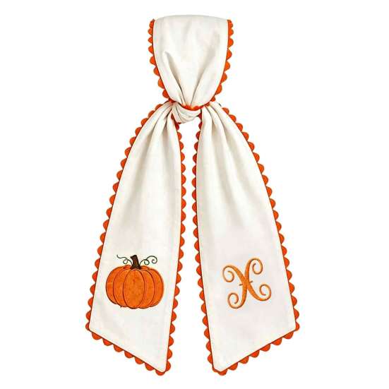 Seasonal Wreath Ornament Accessories Halloween Pumpkin Sash for Fall Front Door Decor, Orange Scalloped Fabric Party Supplies Home Ribbon with