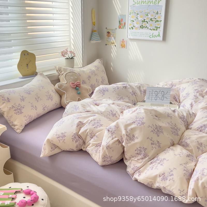 Class A Maternal and Infant Grade Knitted Cotton Double-layer Yarn 4pcs Set, Super Soft Washed Cotton Quilt Cover, Student Dormitory 3pcs Set