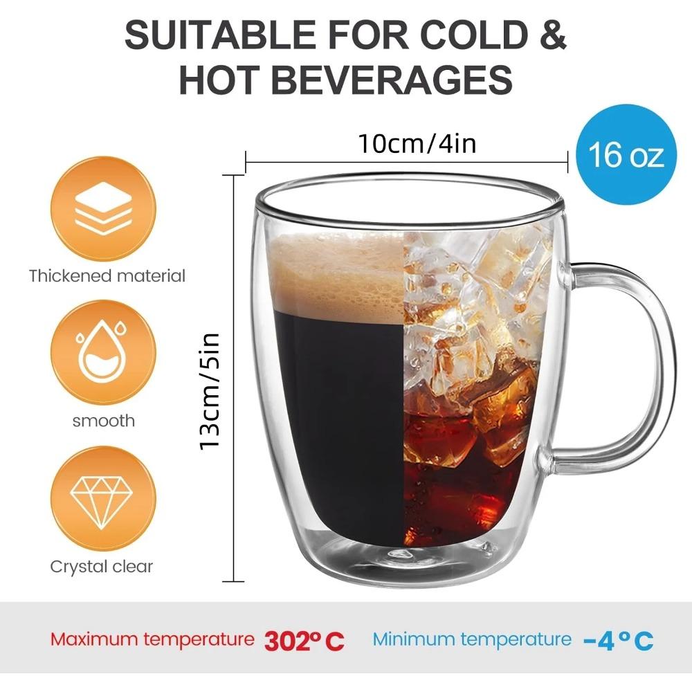 Doppelwandiger Kaffeebecher (4er-Packung) 16oz transparenter Becher mit Henkel, isoliert, für Cappuccino, Tee, hitzebeständiger Latte-Becher