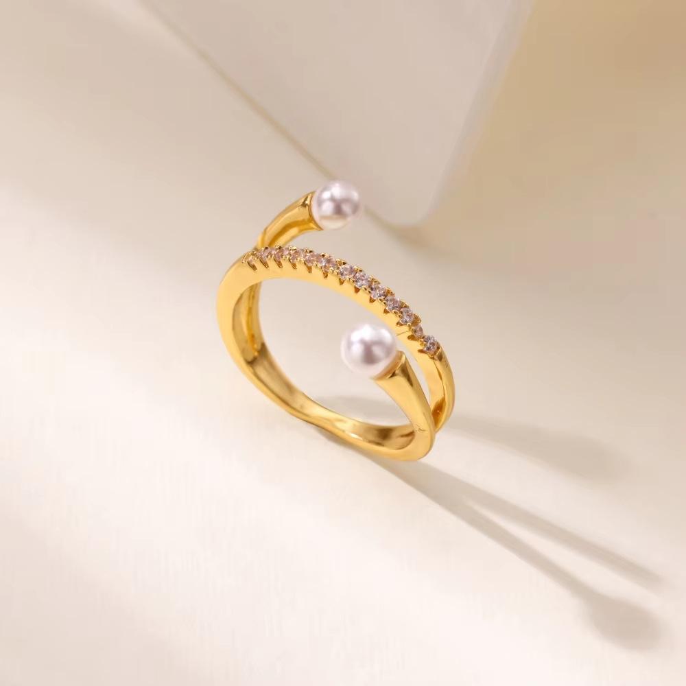 Fashion Wind Moon Butterfly Titanium Steel Ring K Gold Plated Pearl Inlaid Geometric Women's Hand Jewelry