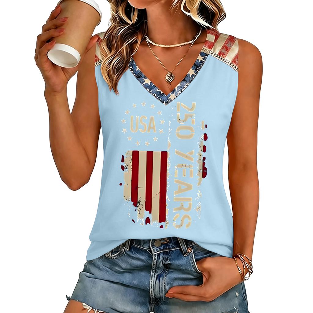 Women V Neck Casual Sleeveless Top with Independence Day Print Loose Fit Pullover Tank for Summer Daily Wear