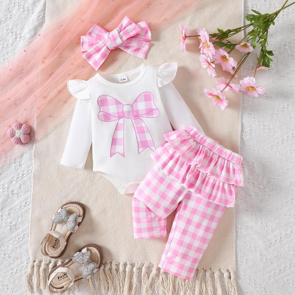 Conjunto de tres piezas de verano para niñas: pantalones largos a cuadros caqui con estampado de lazo de manga larga + diadema