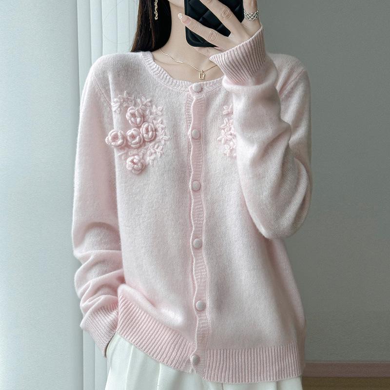 2025 Autumn French Chic 3D Round Neck Pure Wool Knit Cardigan