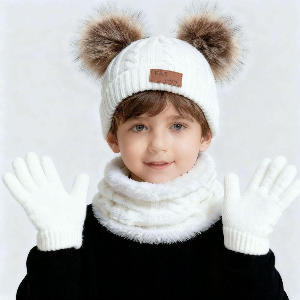 Warm Thicken Baby Hat Scarf Gloves Set Windproof Pompom Knitted Hats Toddler Bonnet  1-5 Years
