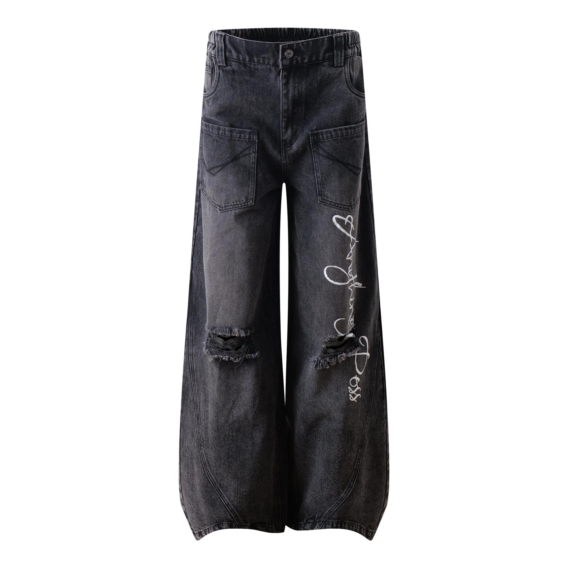 Men s clothing American high street RO wind heavy washed ripped jeans loose wide-leg trousers S