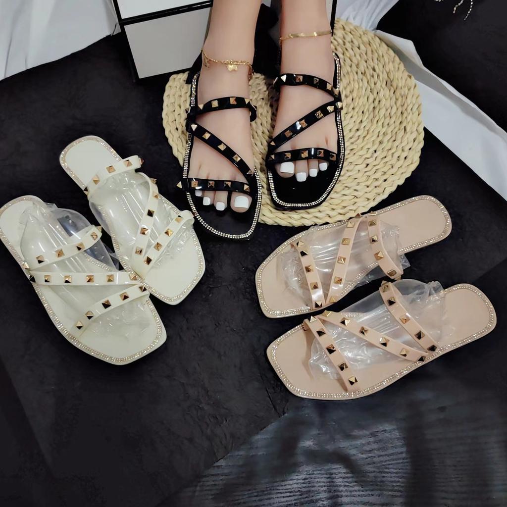 Slippers Women's Outer Wear Square Head Circumference Diamond Jelly Shoes Spring and Summer New Crystal Square Head Slippers