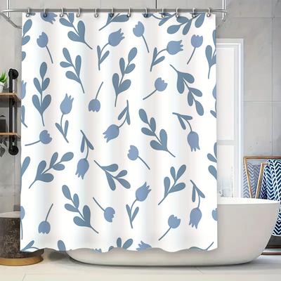 Blue Floral Shower Curtain White Fabric Printing Bath Towel, Home Decor Waterproof Shower Curtains with Rings Set for Bathroom D