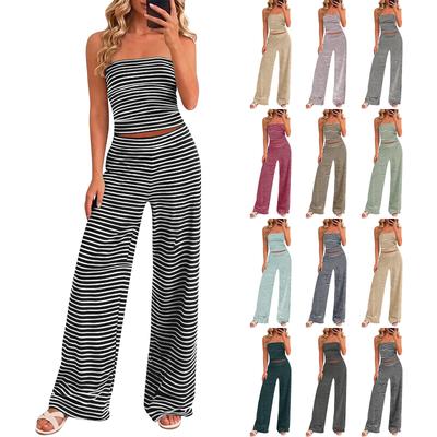 Completo Casual da Donna Tubo Senza Spalline e Pantaloni a Gamba Larga Vita Elastica Due Pezzi Outfit da Relax per Vacanza Casa