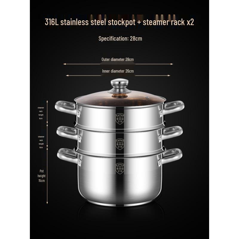2025 Three-Layer 316 Stainless Steel Steamer & Soup Pot for Induction & Gas Stoves