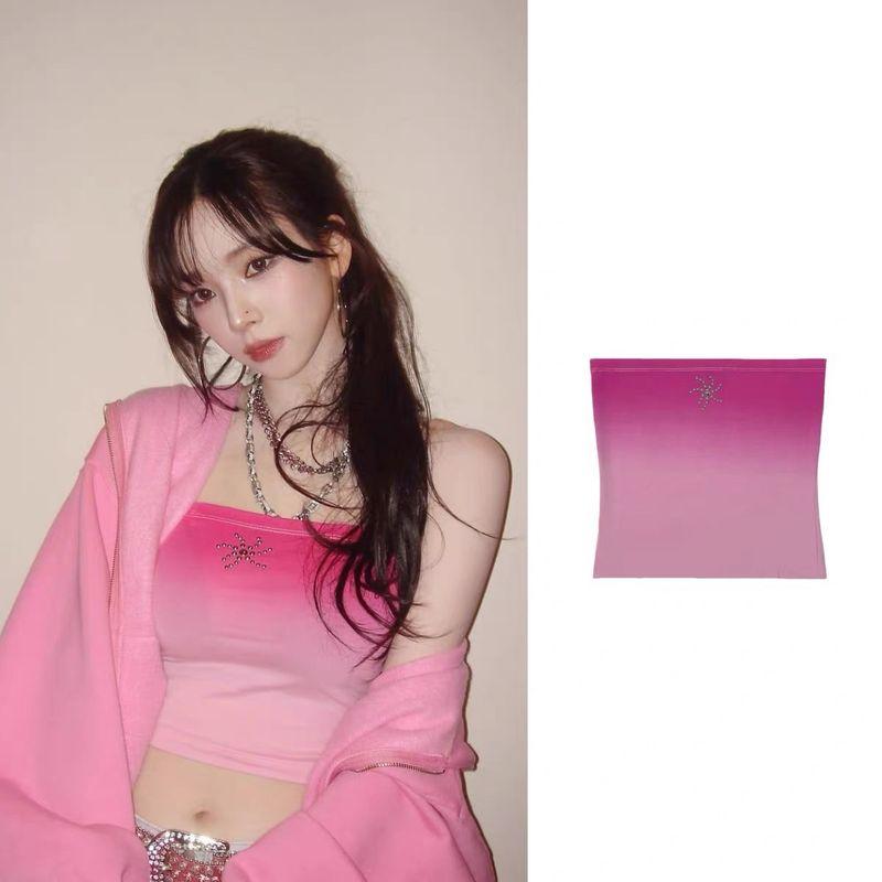 

Лю Чжиминь Тот же стиль Южная Корея Дизайнерский Тай-дай Градиент Наклеивающиеся Кристаллы Короткий Облегающий Топ-труба Pink All yards