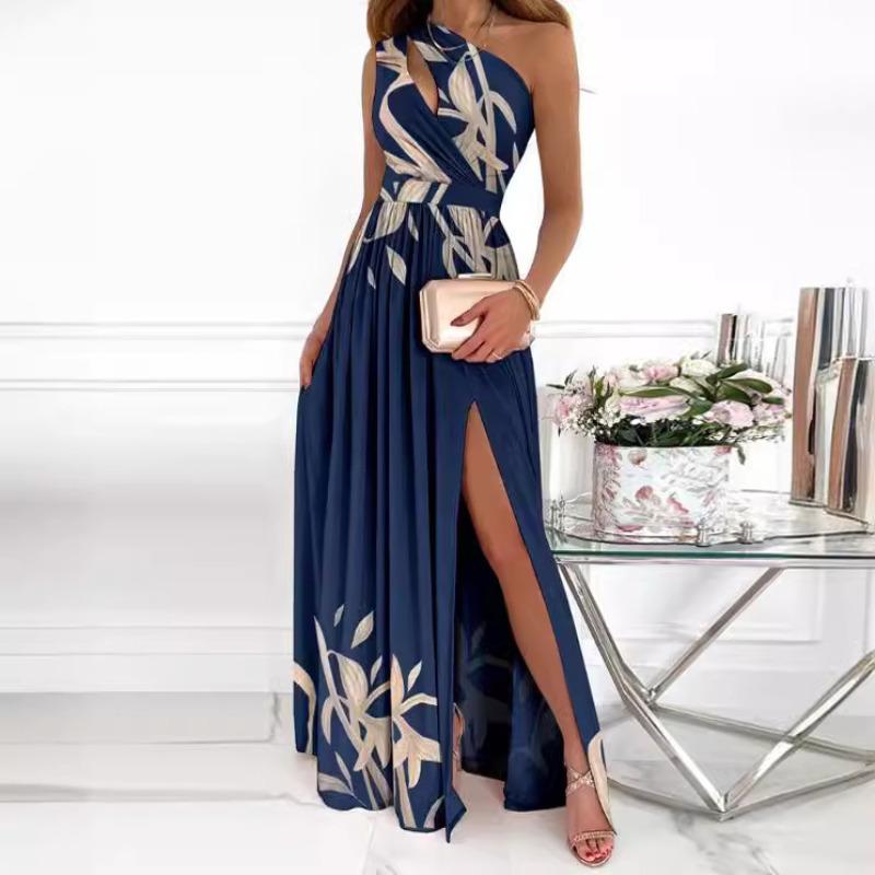 European and American Women's Clothing Slanted Shoulder Hollow Temperament High Split Dress Long Skirt