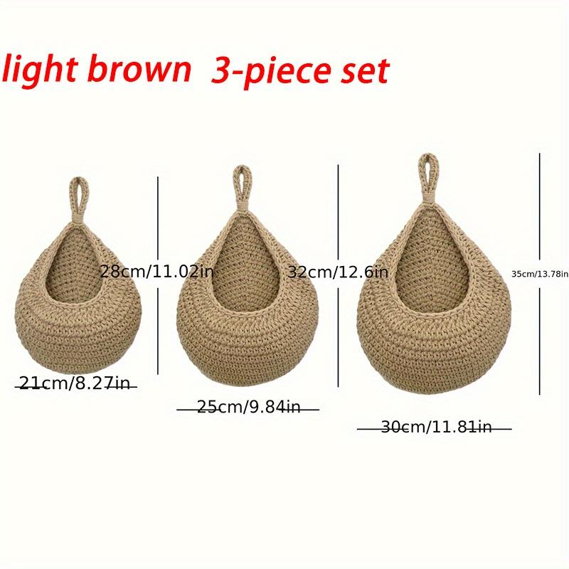 Boho Chic 3pcs Set of Hand-Woven Cotton Rope & Linen Baskets with Hooks - Ideal for Hanging Fruits, Vegetables