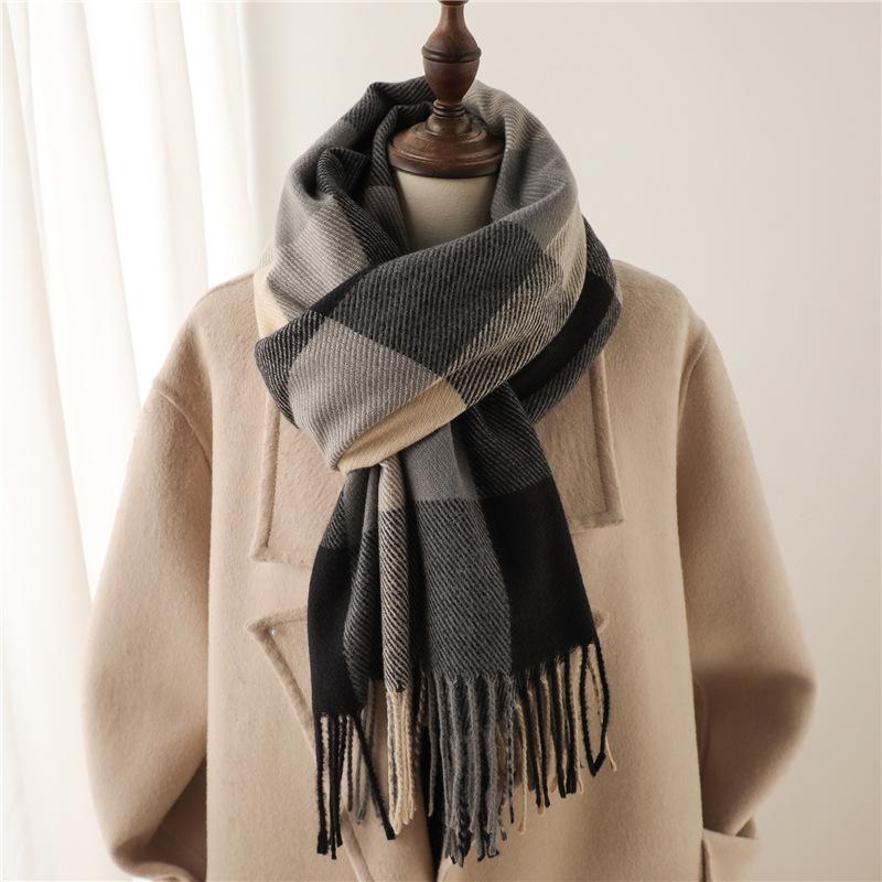 Unisex Korean Plaid Thick Winter Scarf with Tassels - Imitation Cashmere Shawl