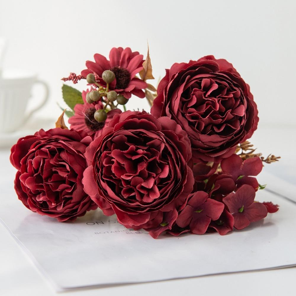 Outdoor Silk Artificial Flowers 5 Heads Bridal Bouquets Simulated Persian Peony Fake Flowers Gifts Box Decor