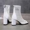 Fashion Summer New Women's High Heels Square Toe Cutout Embroidered Mesh Cooling Boots Rear Zipper Roman Fish Mouth Sandals