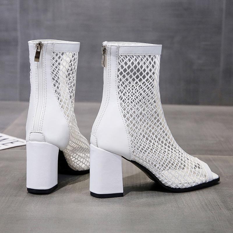 Fashion Summer New Women's High Heels Square Toe Cutout Embroidered Mesh Cooling Boots Rear Zipper Roman Fish Mouth Sandals