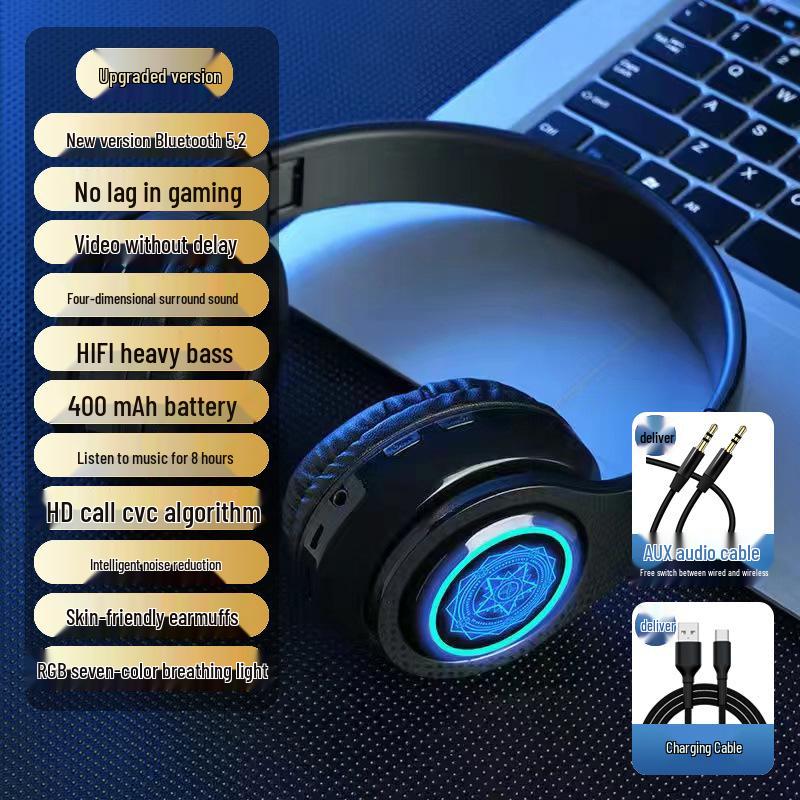 Kabellose Over-Ear Bluetooth-Kopfhörer mit Geräuschunterdrückung, leuchtendes Design für Männer und Frauen, ideal für Laufen und Laptop-Nutzung