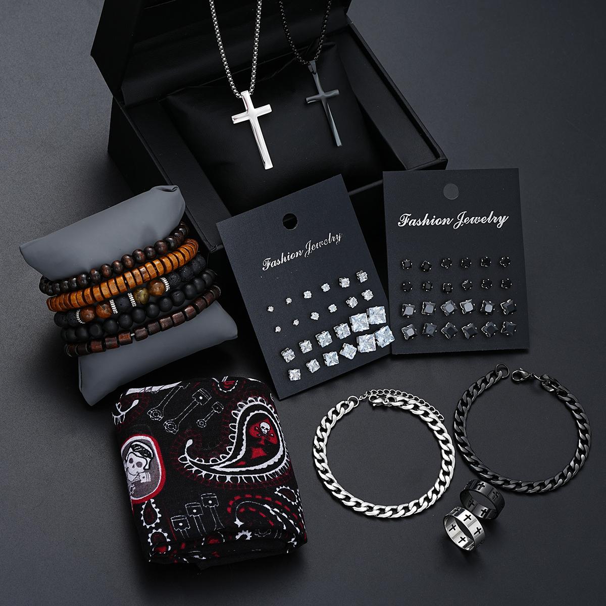 

60Pcs/Set Stud Earrings Necklace Ring Bracelet Headscarf For Women Men Zircon Stainless Steel Cross Pendant Unisex Jewelry Sets