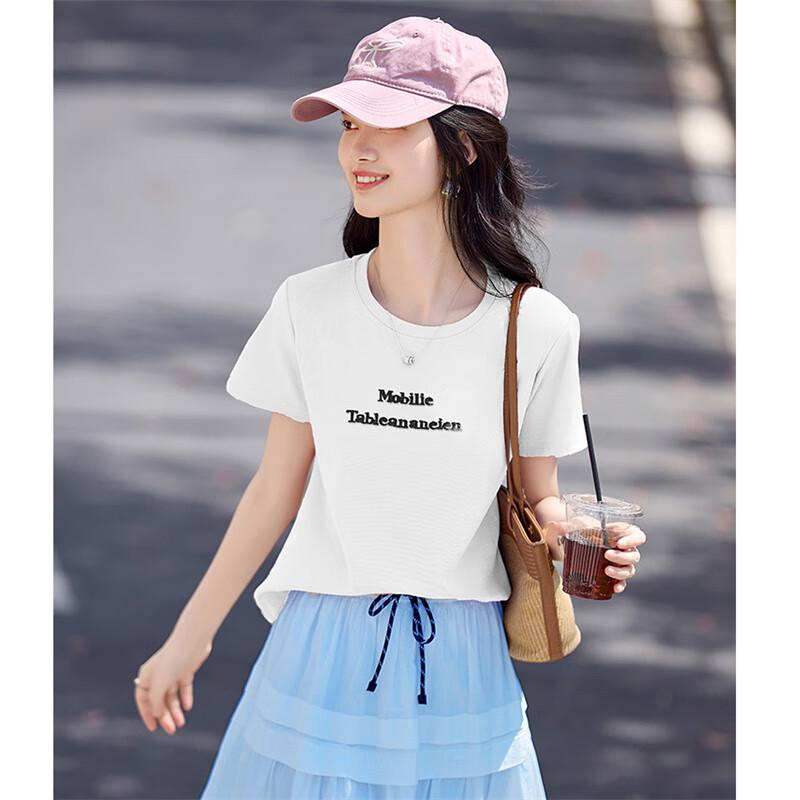 Shang Jing Women's 3D Letter Print Round Neck T-Shirt