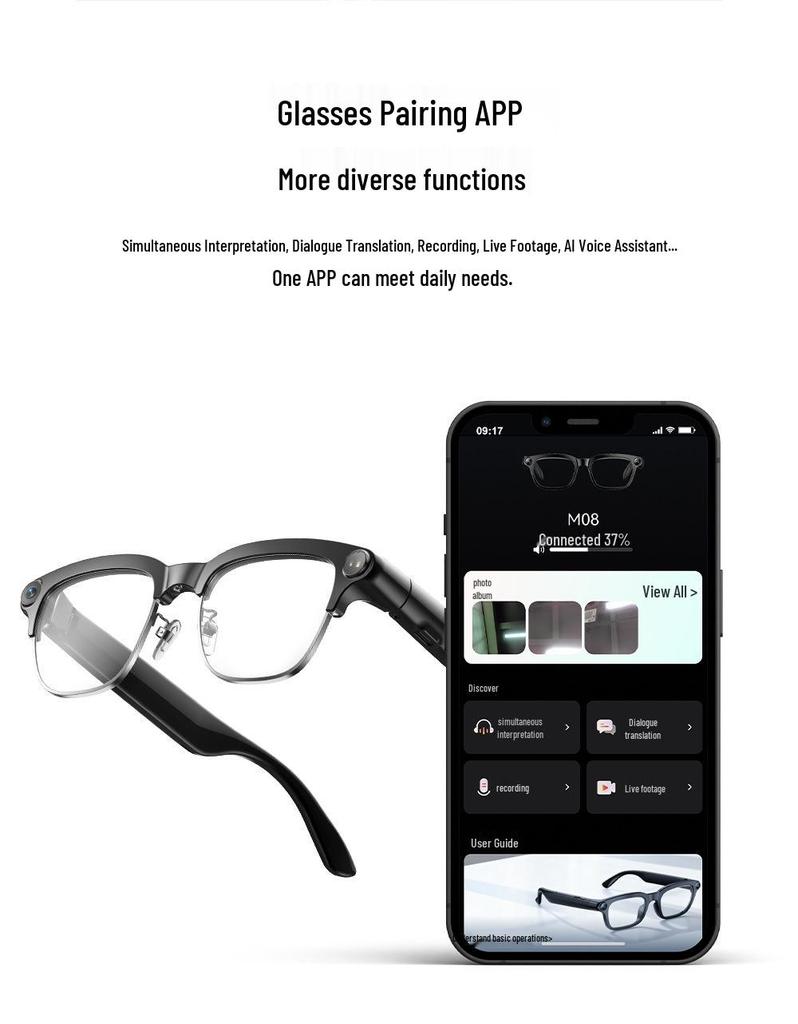 Smart AI Translation Glasses with 800W Camera and Bluetooth Recording