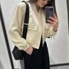 Women's Cropped Jackets Stand Collar Varsity Shacket Coat Casual Button Down Long Sleeve Spring Autumn Outerwear