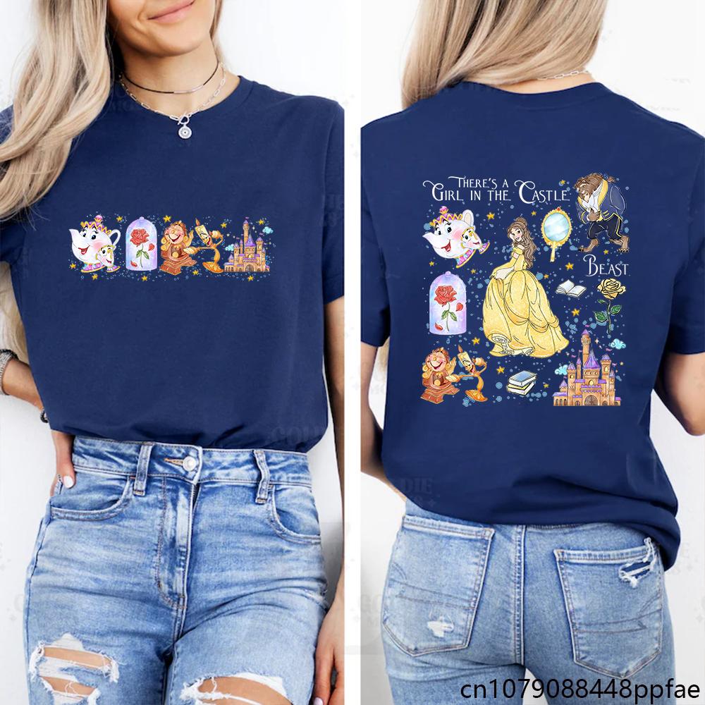 2025 Disney Cute Beauty and The Beast T-Shirt Summer Cartoon Graphic Women Casual Round Neck 100% Pure Cotton Printed T-shirt