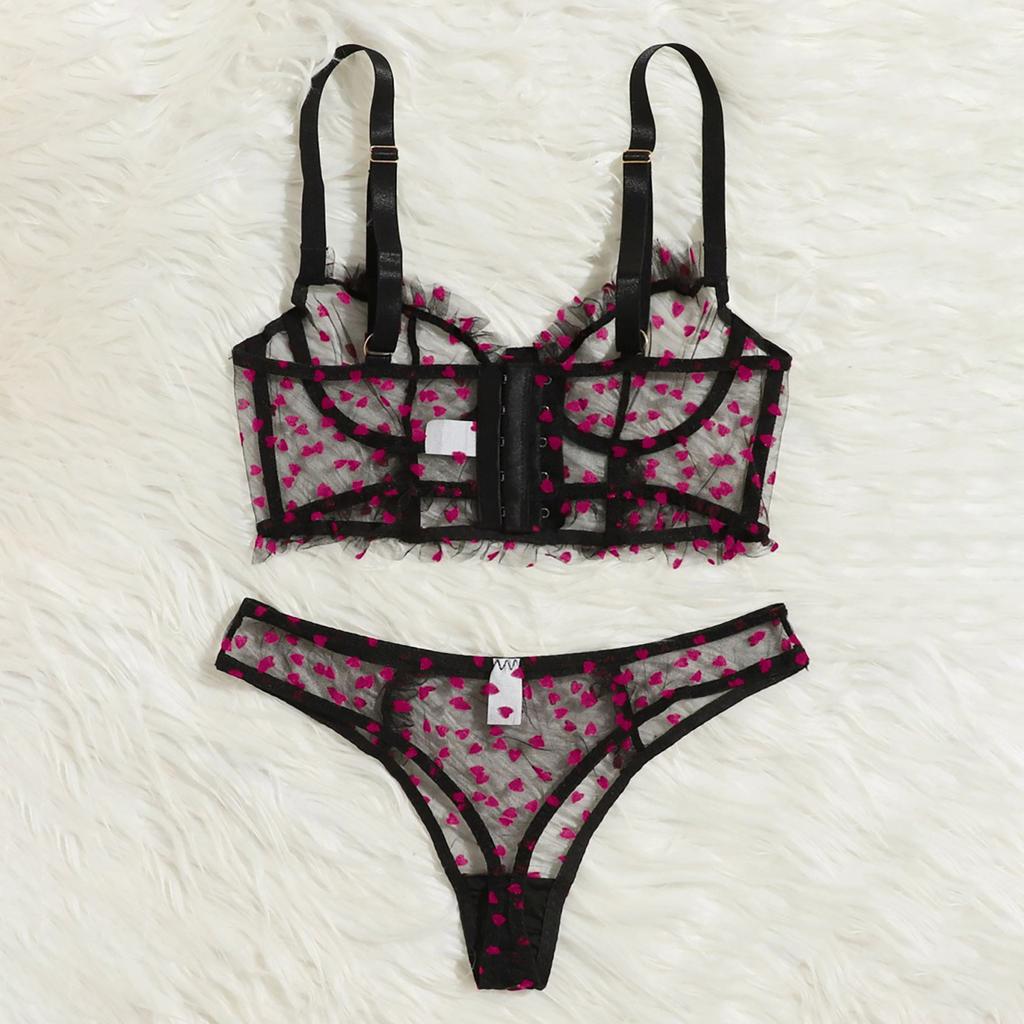 Women Sheer Mesh Lingerie Set with Embroidered Heart Pattern Adjustable Straps Underwire Bra and Matching Panties Lingerie Set for Intimate Wear